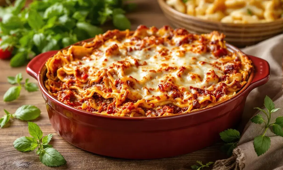 Un plat de lasagne gratinée, parfait pour 8 personnes, avec des feuilles de basilic frais.