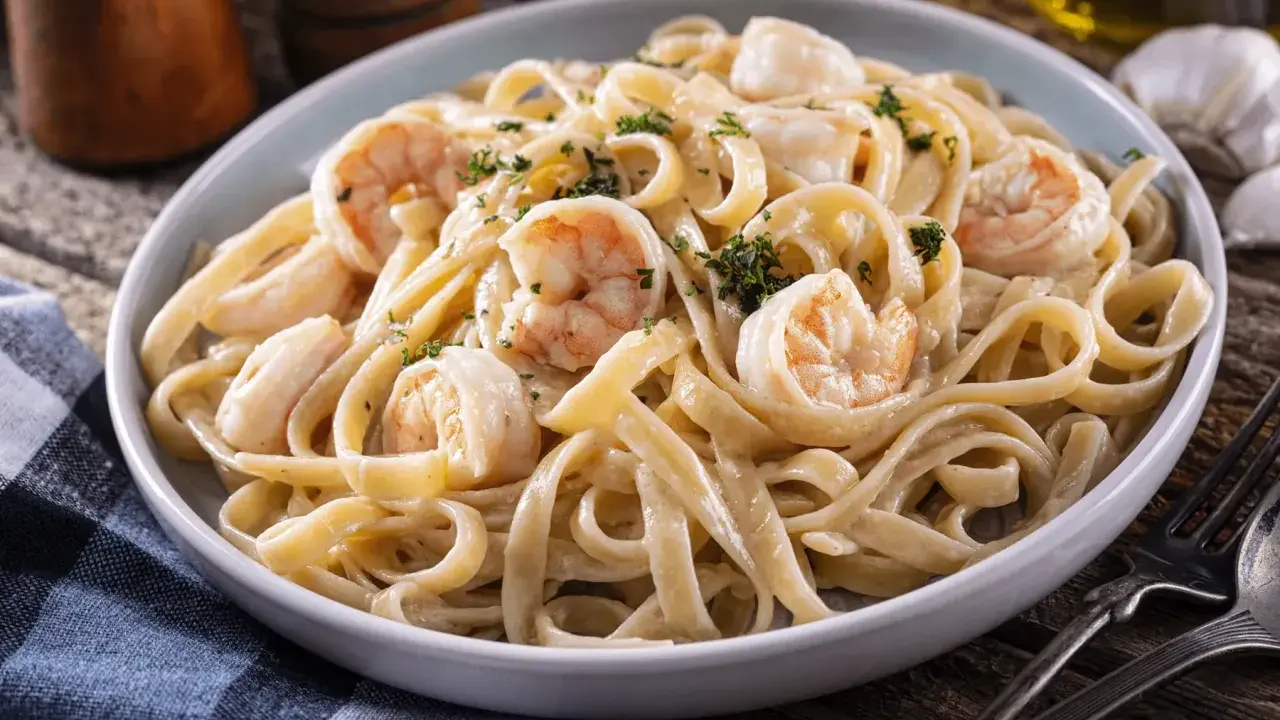 Délicieuses pâtes aux crevettes, une recette italienne crémeuse et savoureuse, garnie de persil frais.