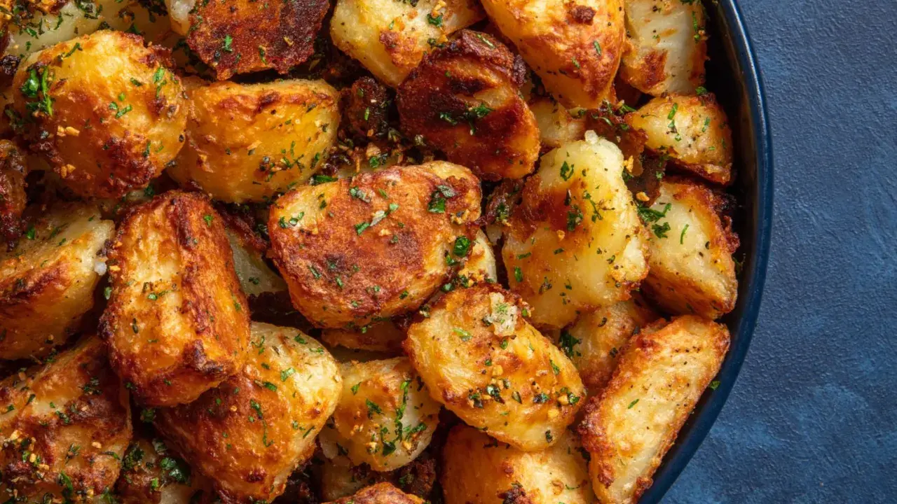 Un plat de pomme de terre au four, dorées et croustillantes, parsemées de persil frais. Un délice simple et réconfortant.