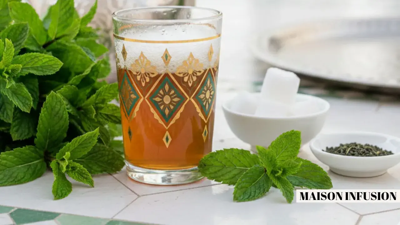 Un verre orné de motifs dorés et verts contient du thé marocain, accompagné de menthe fraîche, de sucre en morceaux et de feuilles de thé.