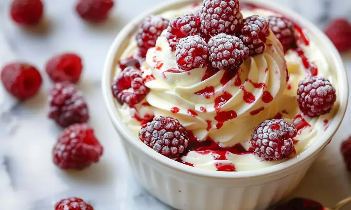 Un déliceux mousse mascarpone garni de framboises fraîches et d'un coulis rouge.