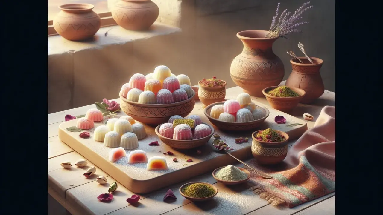 Douceurs colorées, idéales pour une loukoum recette. Pistaches, pétales de rose et poteries d'argile complètent cette scène gourmande.