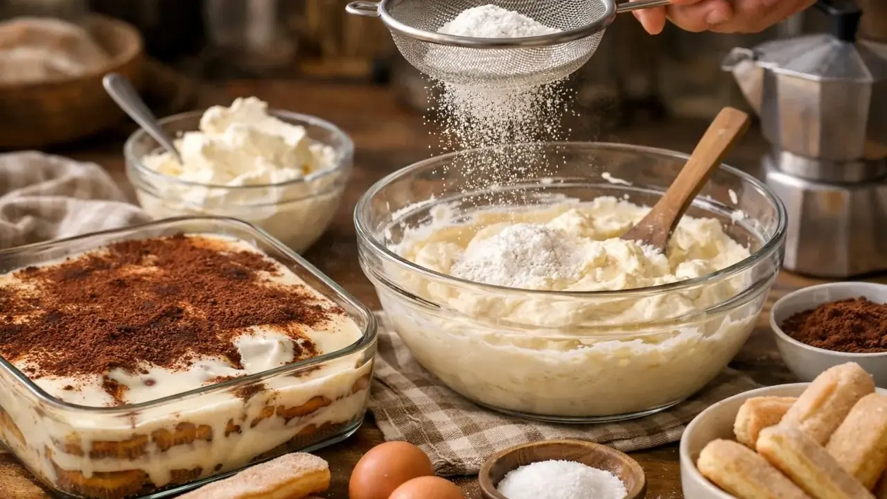 Préparation d'un tiramisu : on tamise de la farine sur un mascarpone trop liquide. Des biscuits à la cuillère, des œufs et du cacao sont disposés autour.