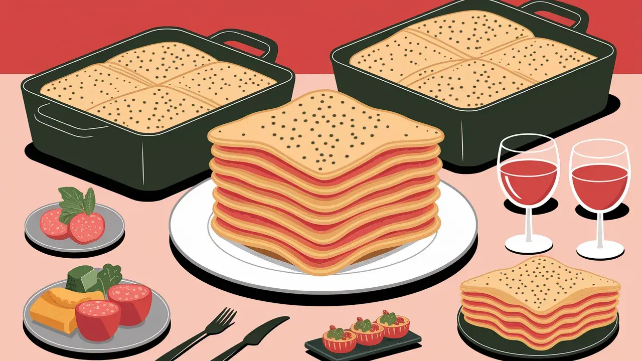 Que faire avec 4 feuilles de lasagne ? Une pile de lasagnes appétissantes, deux plats au four, des amuse-bouches et du vin rouge.