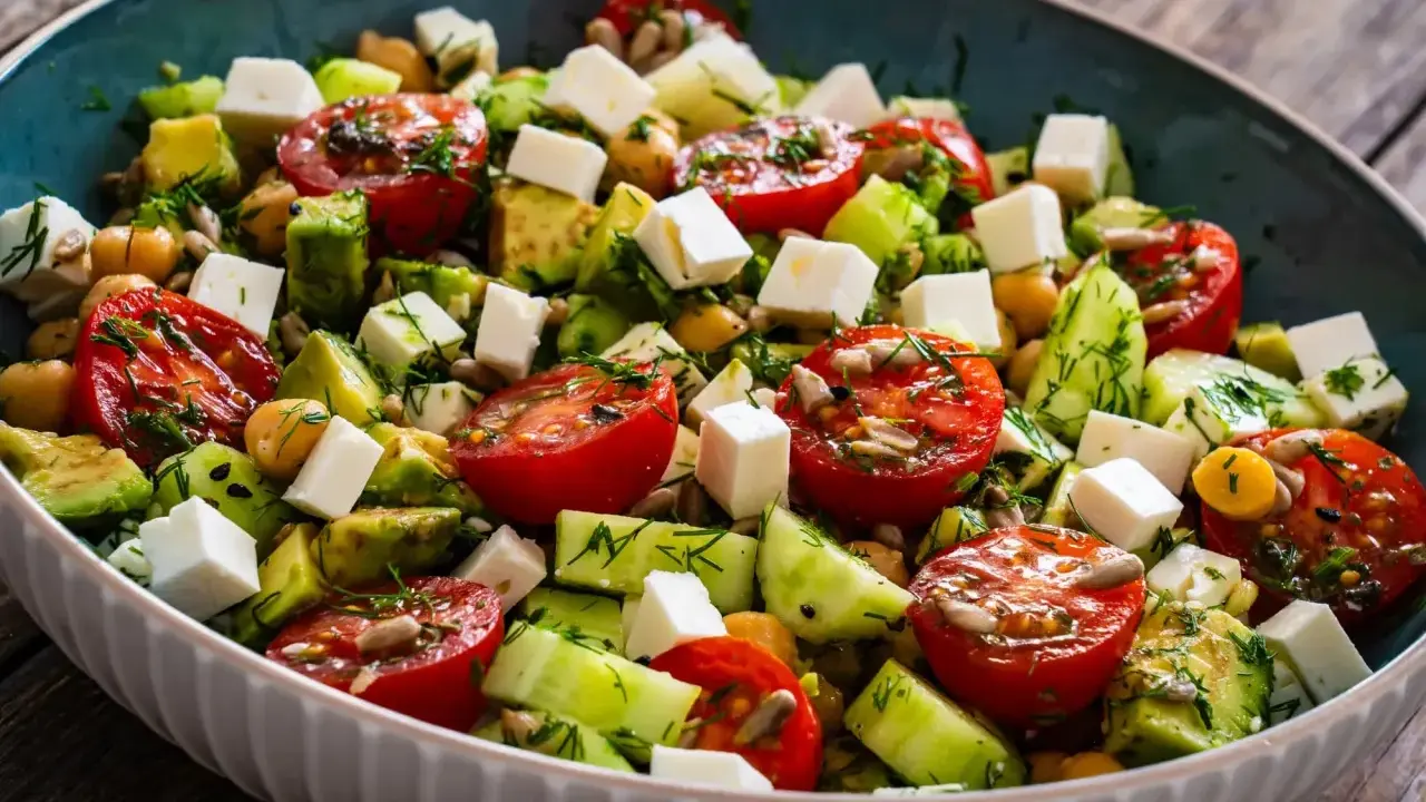 Salade colorée avec tomates, avocat, concombre, pois chiches et cubes de feta. Une recette fraîche et légère, parfaite pour un repas d'été.