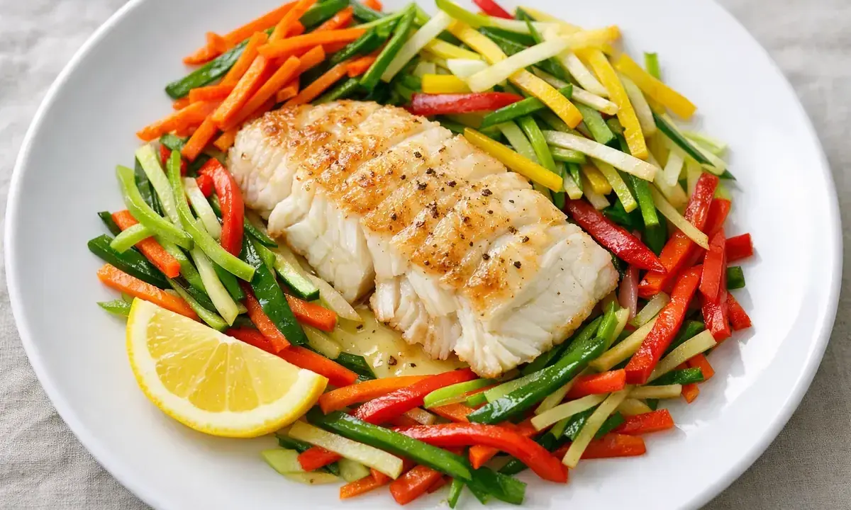Filet de julienne poêlé, servi avec un mélange coloré de légumes coupés en julienne et un quartier de citron.