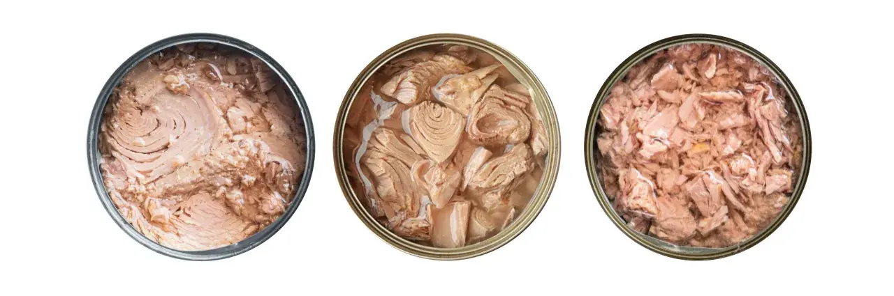 Trois boîtes de thon ouvertes : une avec des morceaux entiers, une avec des morceaux plus petits, et une émiettée. Idéal pour une recette thon en boite rapide.
