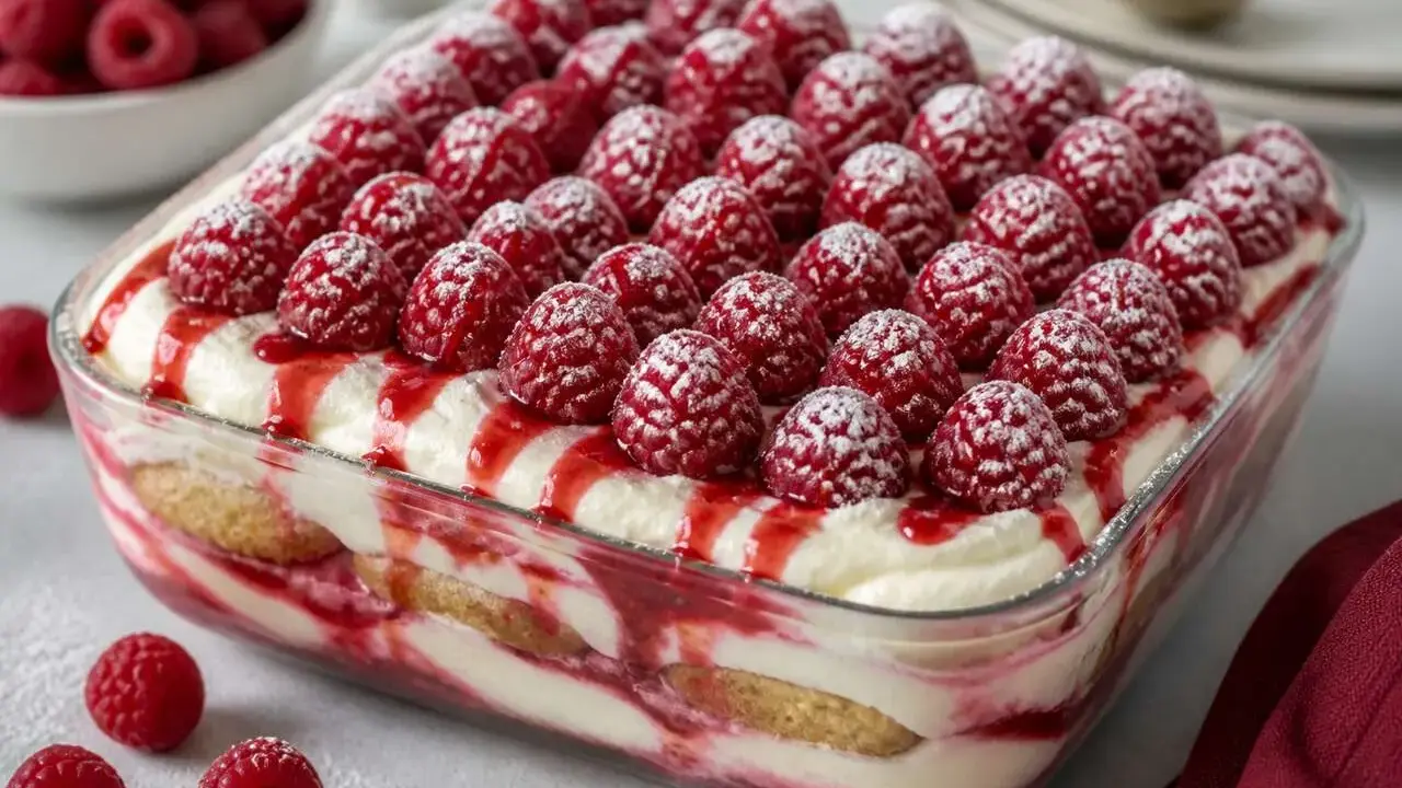 Un délicieux tiramisu framboise, garni de fruits rouges frais et saupoudré de sucre glace. Un dessert fruité et gourmand.