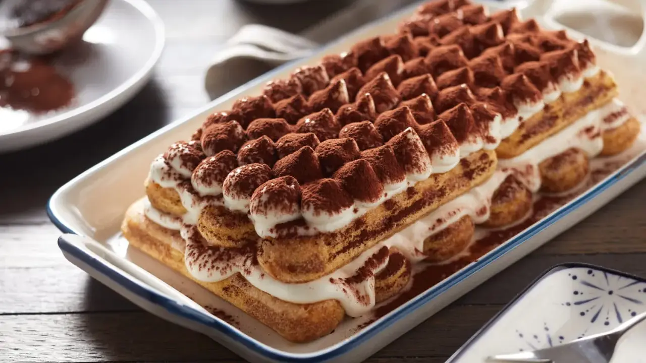 Un délicieux tiramisu, un dessert italien parfait pour un boudoir gourmand, est présenté dans un plat rectangulaire, saupoudré de cacao.
