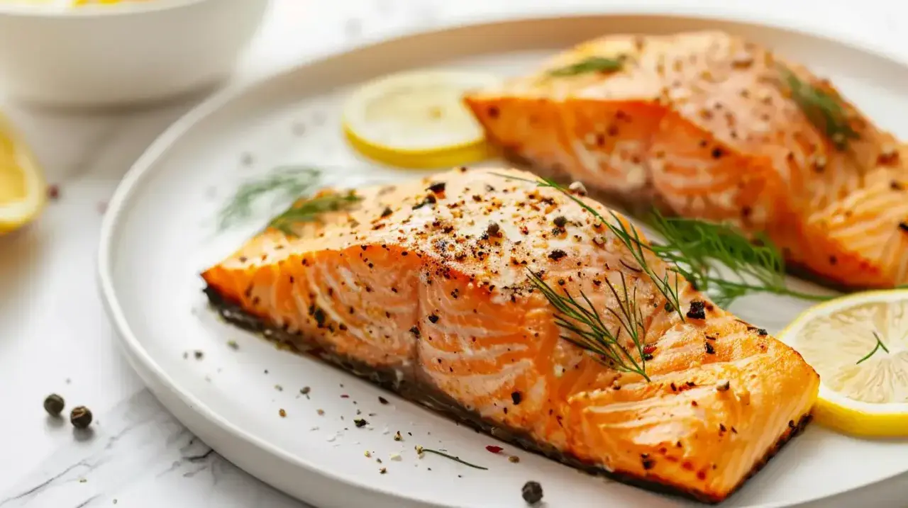 Deux pavés de saumon au four, assaisonnés de poivre et d'aneth, servis avec des tranches de citron sur une assiette blanche.