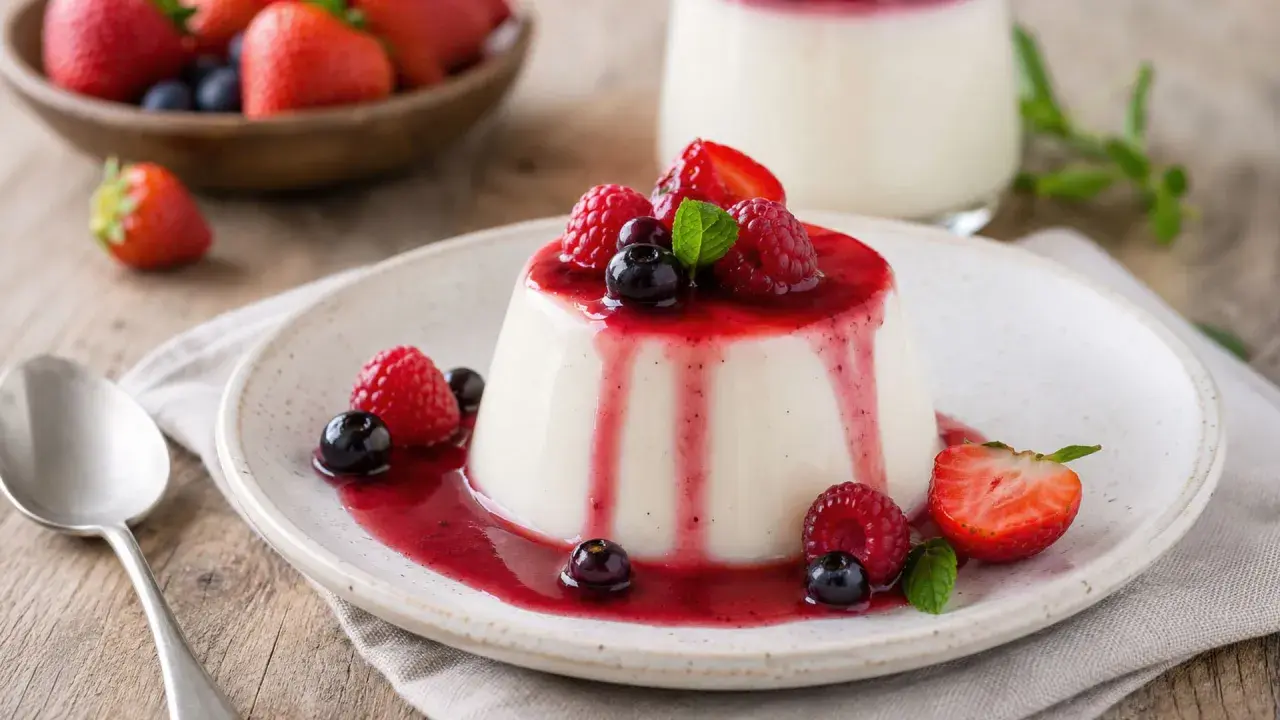 Panna cotta, un dessert italien dont l'origine remonte au début du XXe siècle, servi avec un coulis de fruits rouges et des baies fraîches.
