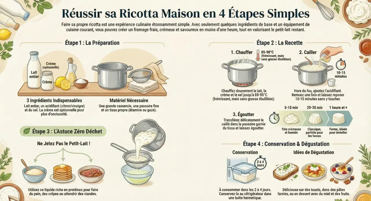 Recette ricotta maison : lait, citron, sel. Chauffer, cailler, égoutter. Conserver 2-4 jours. Déguster sur toasts, pâtes, dessert.