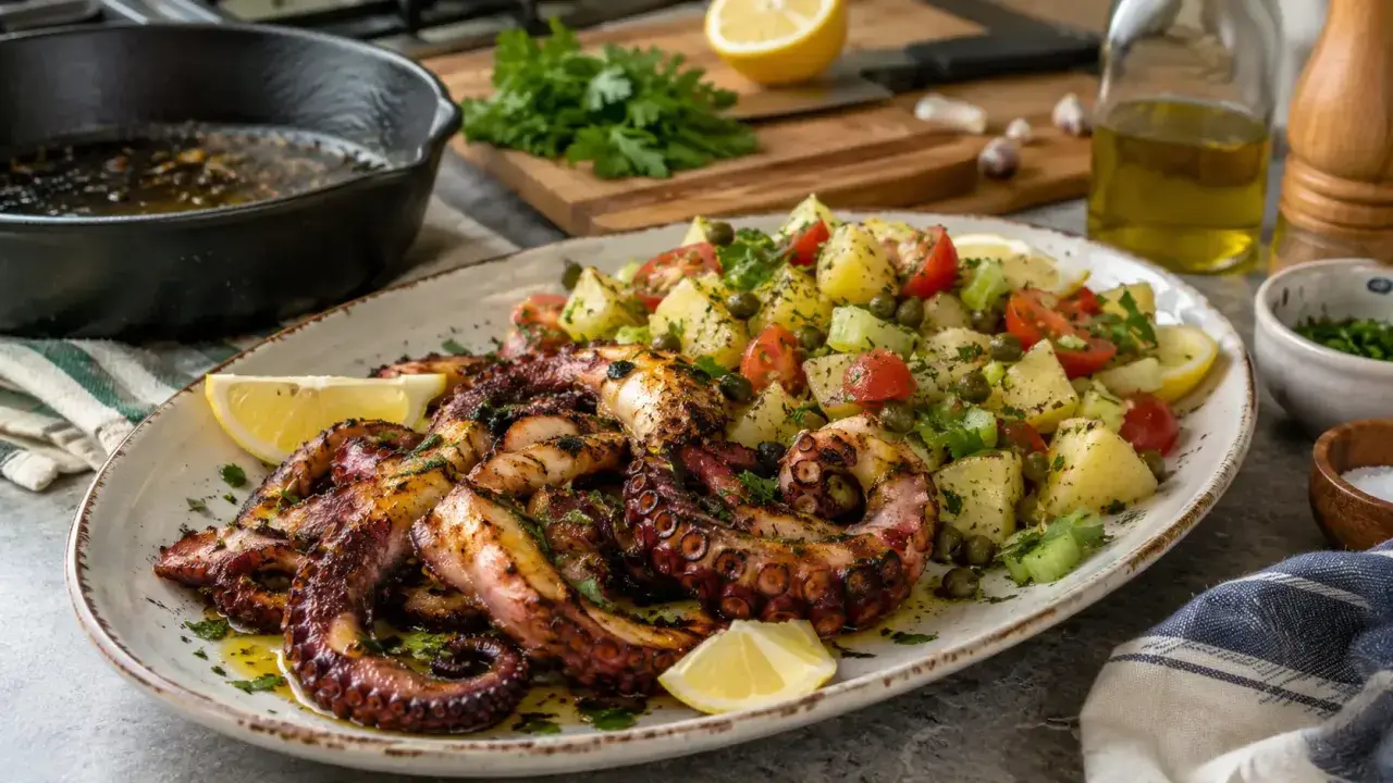 Délicieux poulpe au barbecue, grillé à la perfection, servi avec une salade de pommes de terre, tomates et câpres. Un vrai régal !