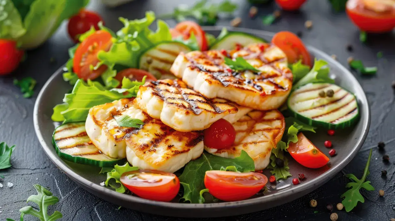 Assiette de halloumi grillé, tomates cerises, concombre et salade verte. Un délice estival.