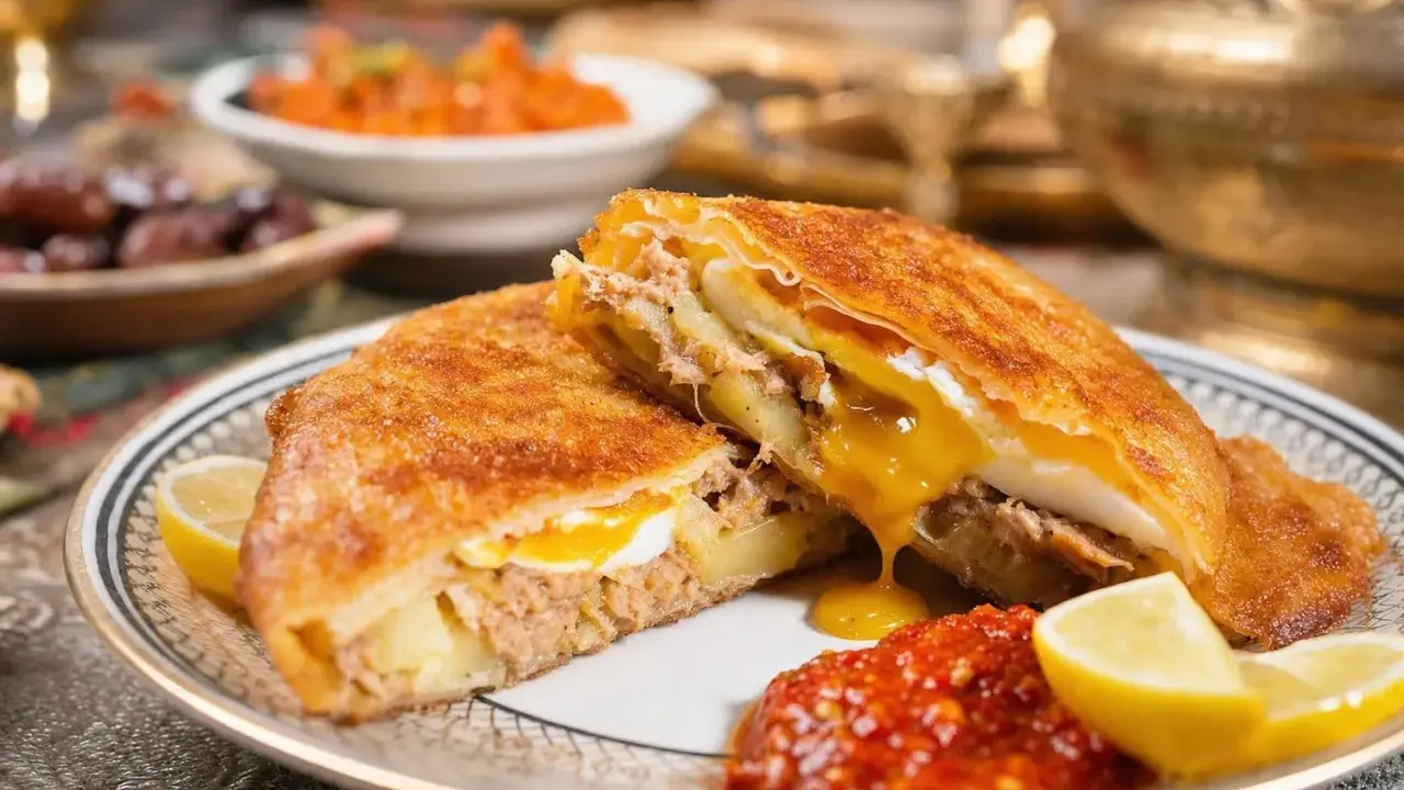 Un délicieux brick à l'oeuf, garni de thon et de pommes de terre, coule de sa sauce onctueuse. Servi avec du citron et une sauce piquante.