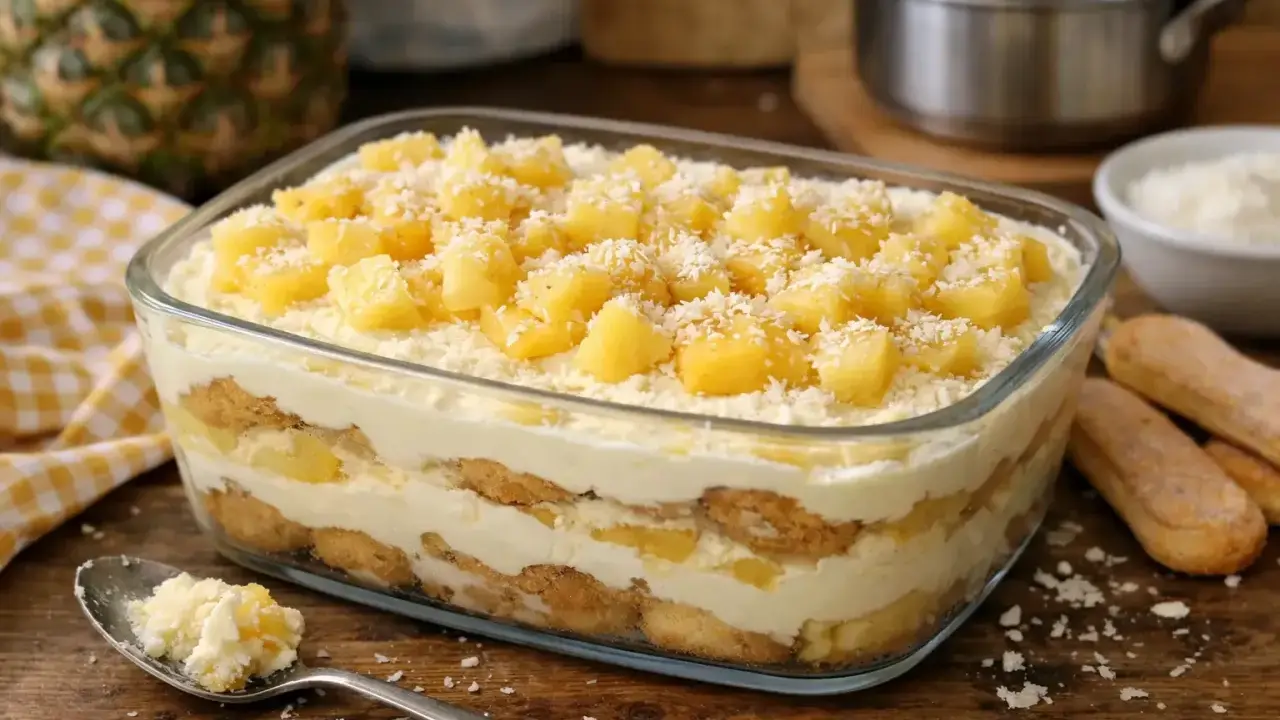Un délicieux tiramisu ananas, superposant biscuits, crème onctueuse et morceaux d'ananas frais, saupoudré de noix de coco râpée.