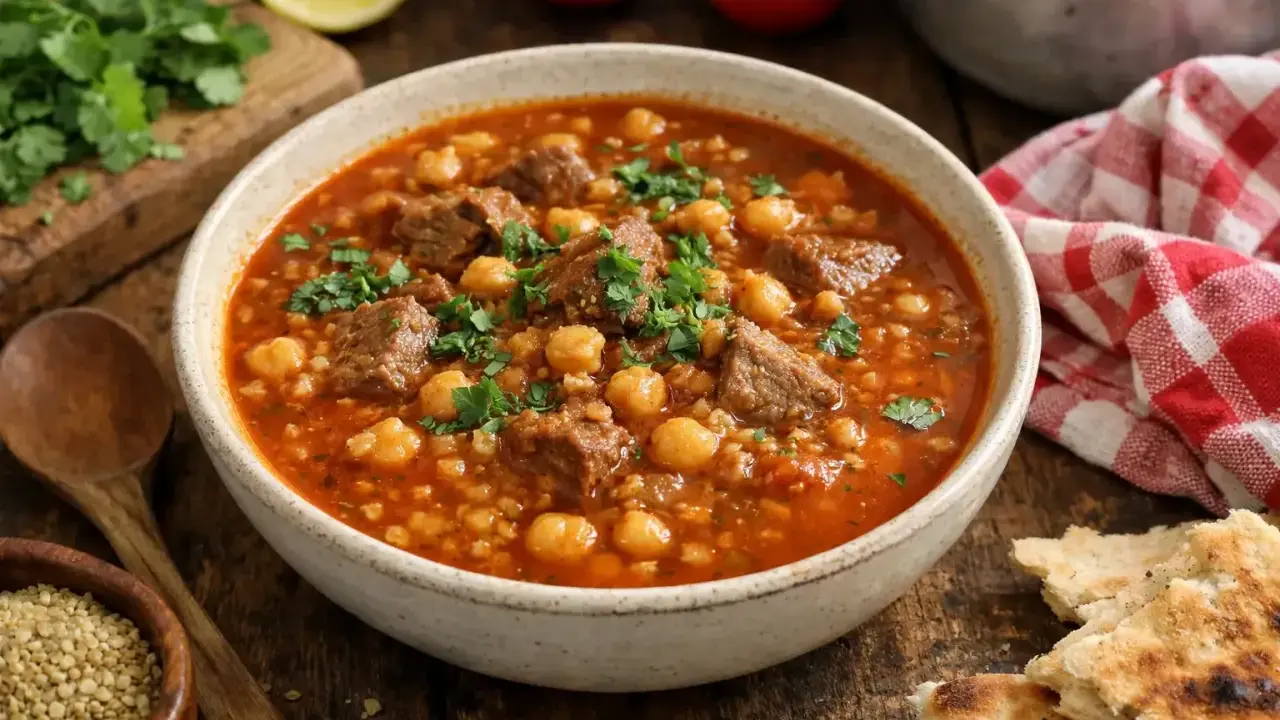 Un bol de chorba frik recette, une soupe réconfortante aux morceaux de viande, pois chiches et herbes fraîches, accompagnée de pain.
