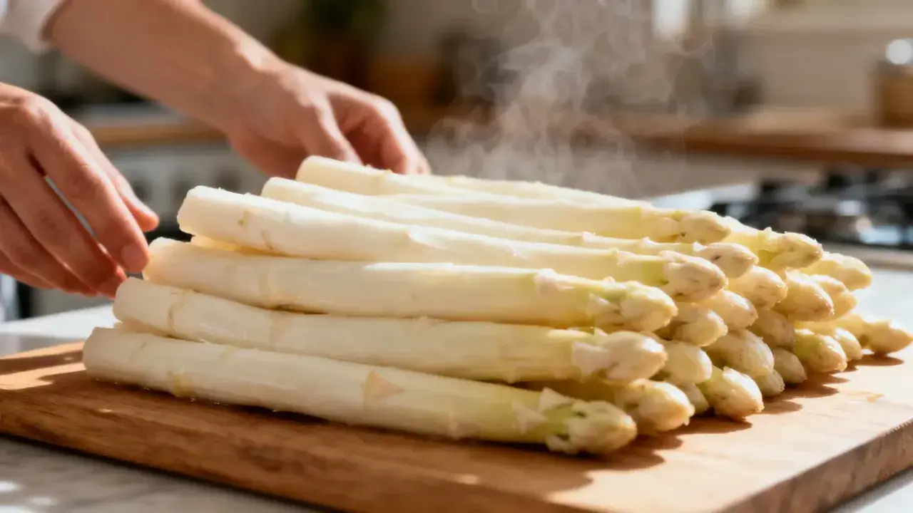 Une pile d'asperges blanches poêlées dégage de la vapeur sur une planche à découper en bois. Des mains ajustent délicatement les légumes.