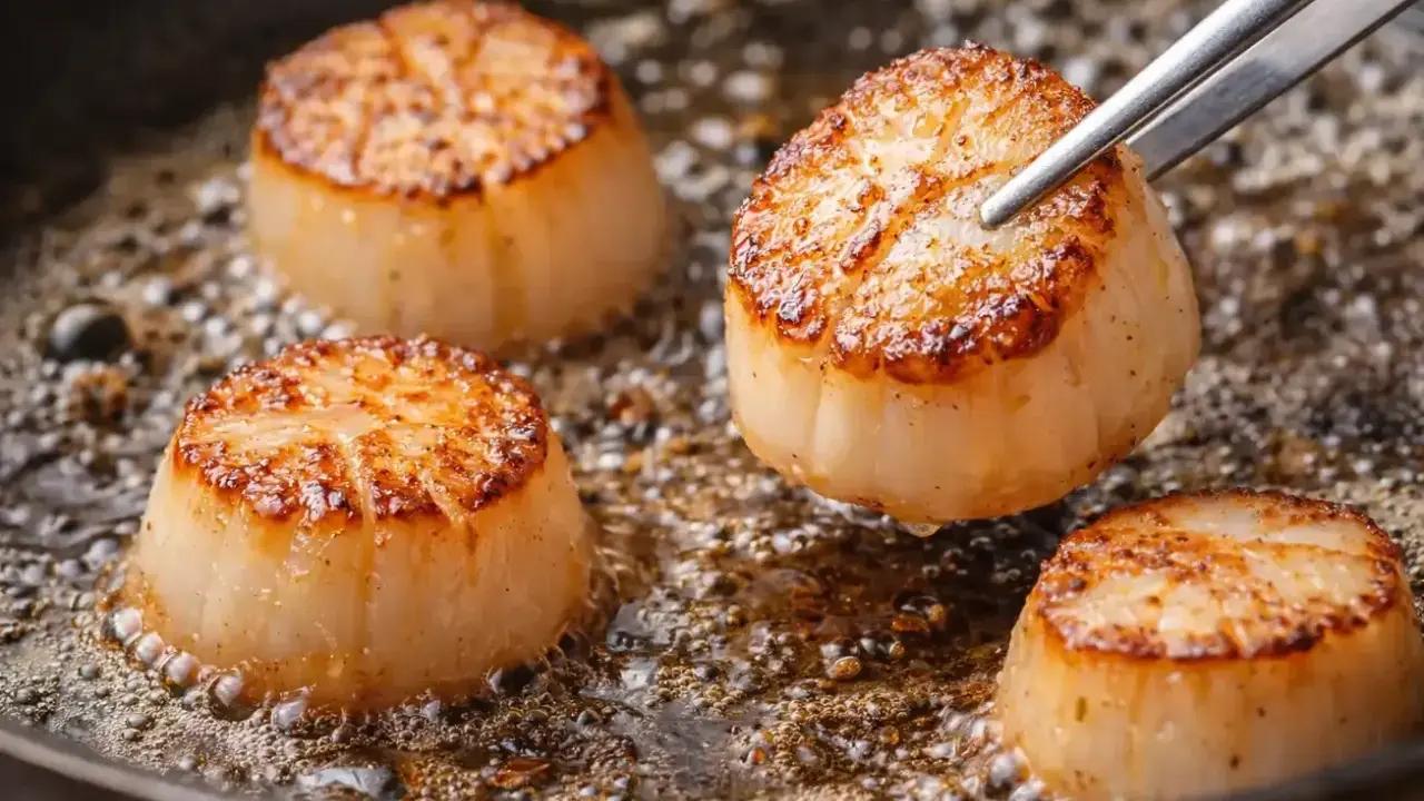 Quatre belles coquilles Saint-Jacques poêlées dans une poêle, dorées et juteuses, prêtes à être dégustées.