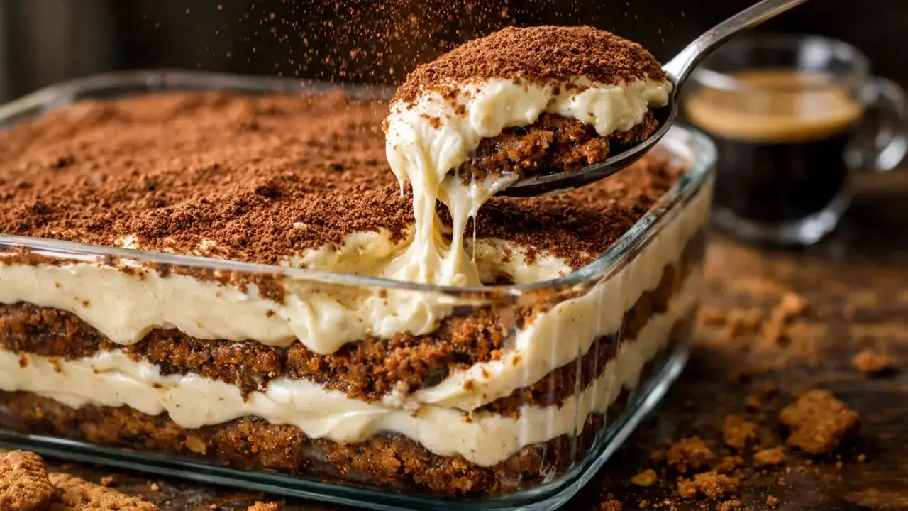 Une cuillère de tiramisu crémeux, saupoudré de cacao, sort d'un plat en verre. Des biscuits tiramisu sont à côté.