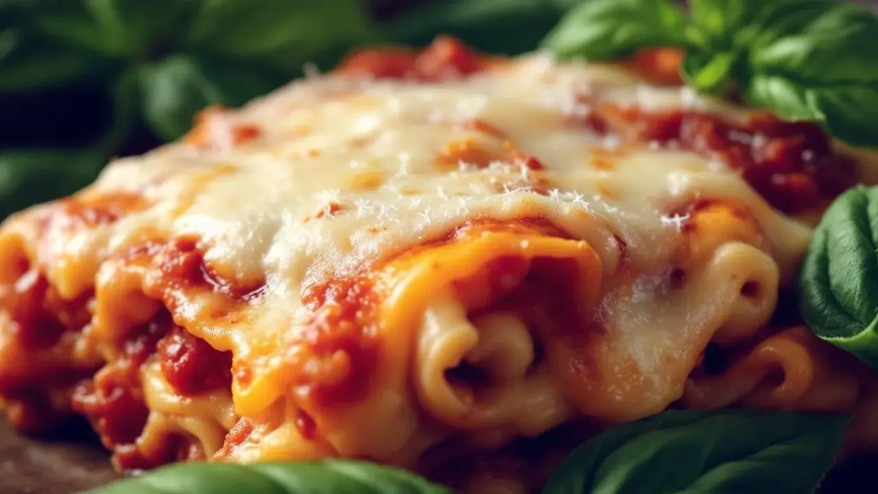 Lasagnes gratinées au fromage fondant, prêtes à être réchauffer au four. Une touche de basilic frais pour parfaire ce plat réconfortant.