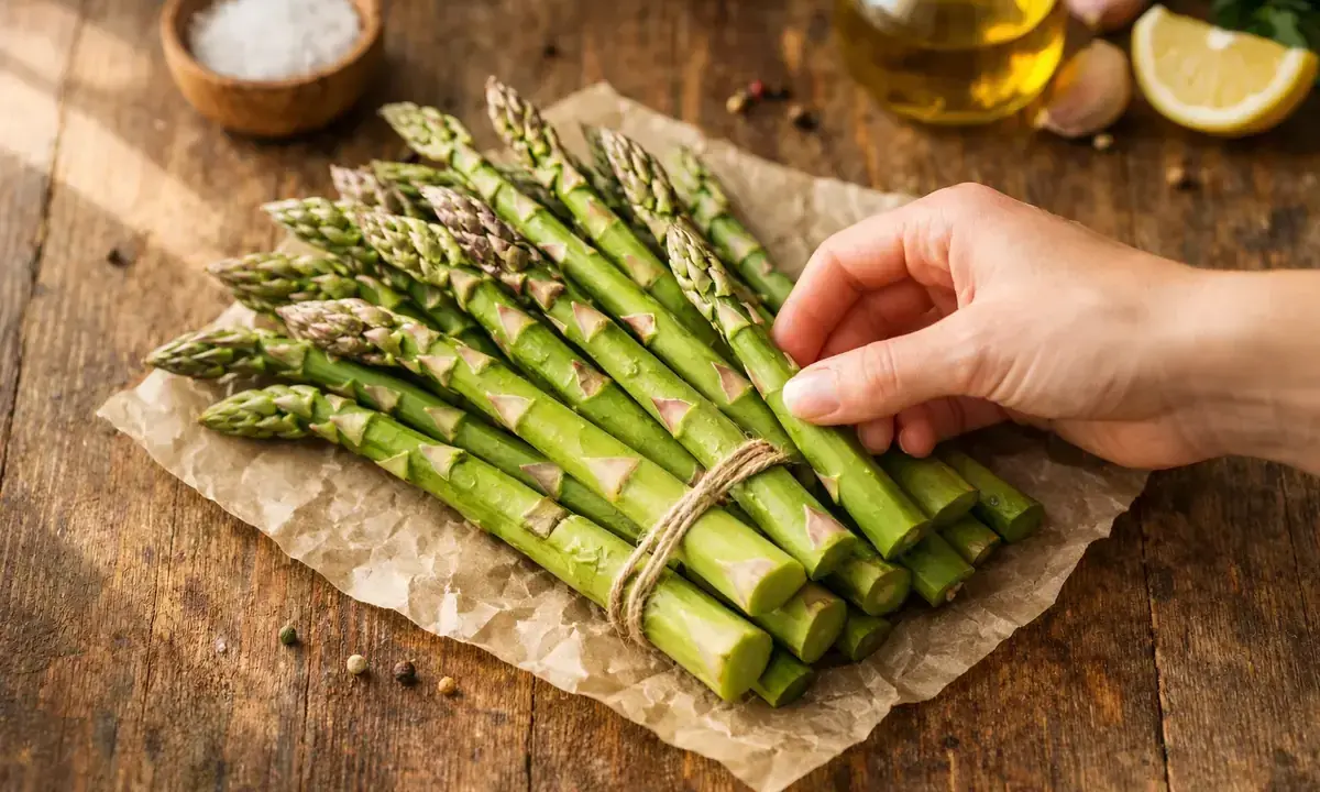 Un bouquet d'asperges vertes fraîches, prêt pour une délicieuse recette. Huile d'olive, citron et ail en arrière-plan.