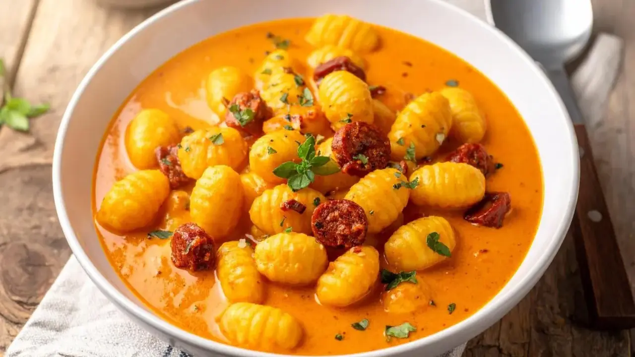 Gnocchi crémeux baignant dans une sauce onctueuse, parsemés de morceaux savoureux de chorizo et d'herbes fraîches. Un délice réconfortant.
