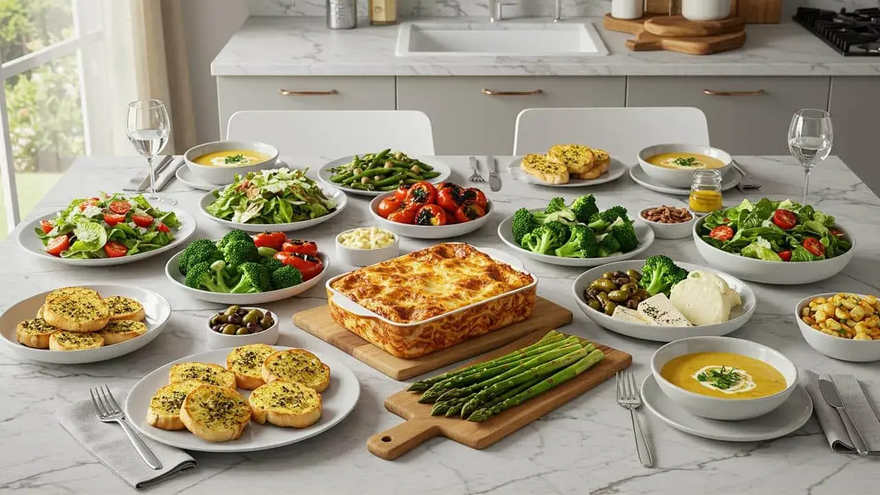 Un festin italien avec une lasagne dorée, des salades fraîches, des légumes croquants et des toasts à l'ail. Un accompagnement lasagne parfait pour un repas convivial.