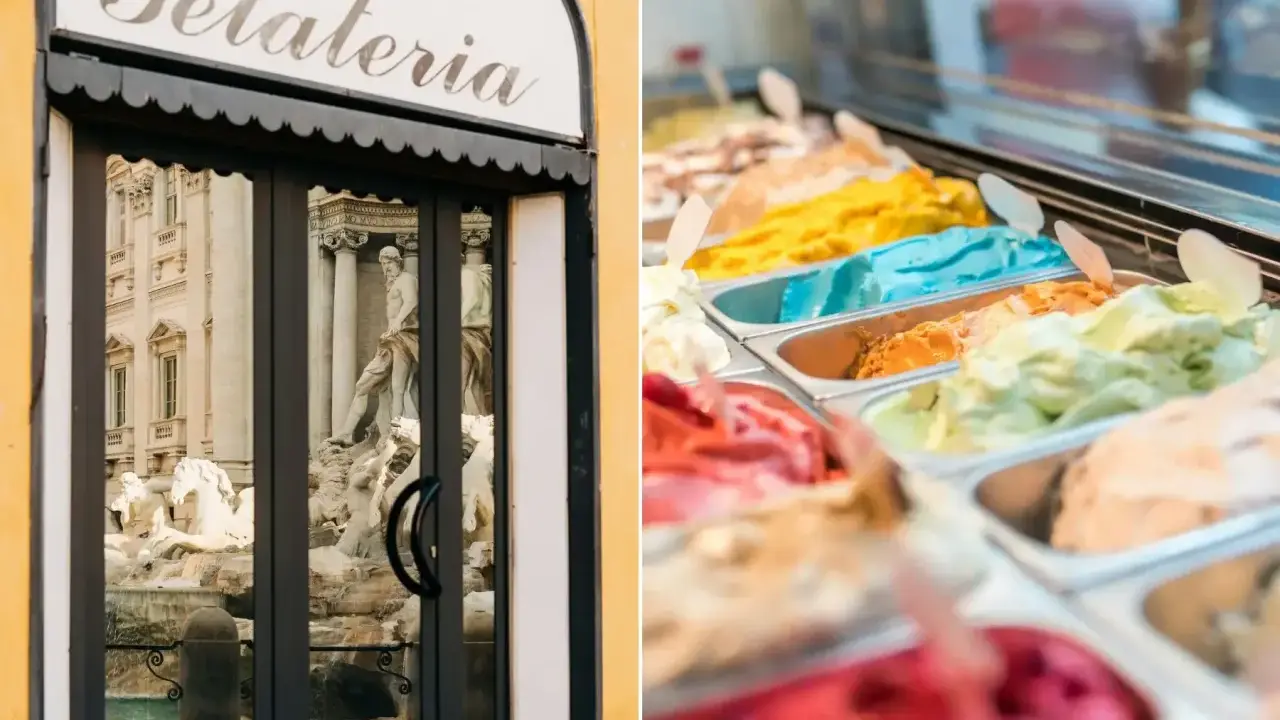 Devant une gelateria romaine, des bacs de glaces italiennes aux couleurs vives invitent à la dégustation.