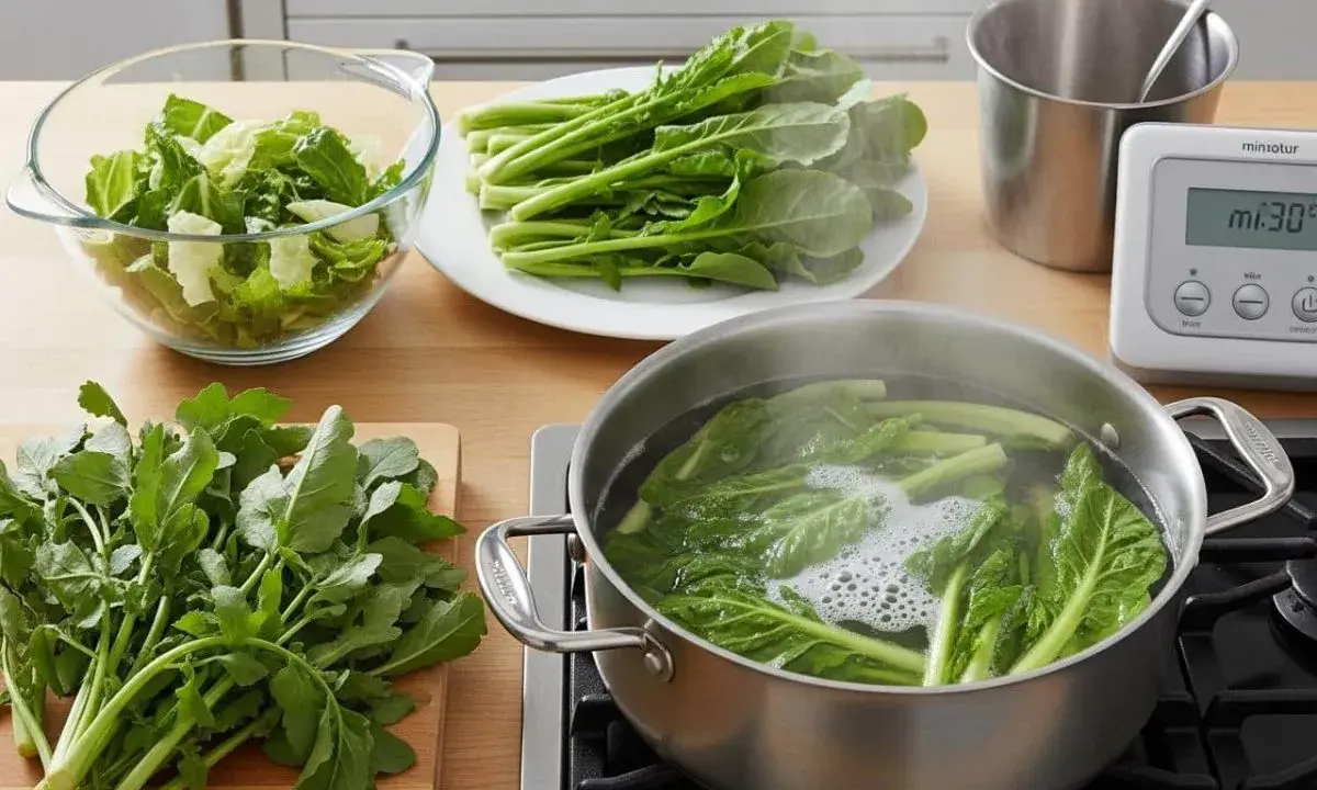 Préparation pour la cuisson d'épinards frais. Des légumes verts bouillonnent dans une casserole, d'autres attendent sur une assiette et une planche à découper.