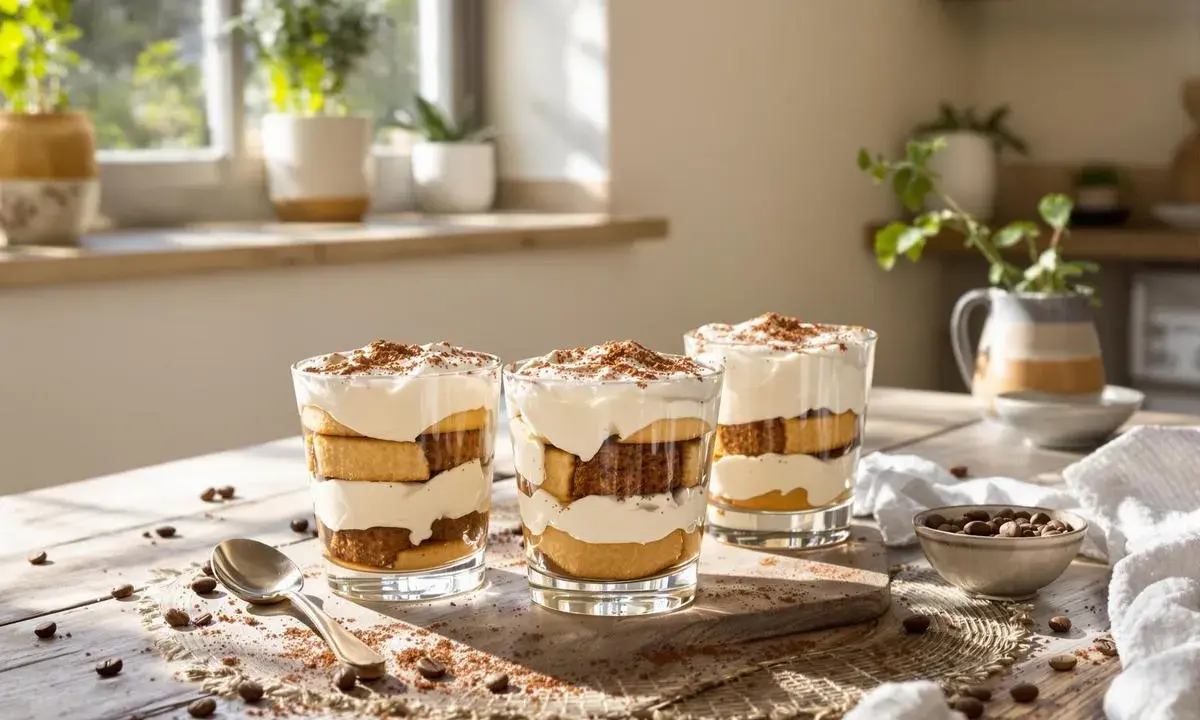 Trois verrines de tiramisu sans mascarpone, joliment superposées, saupoudrées de cacao.
