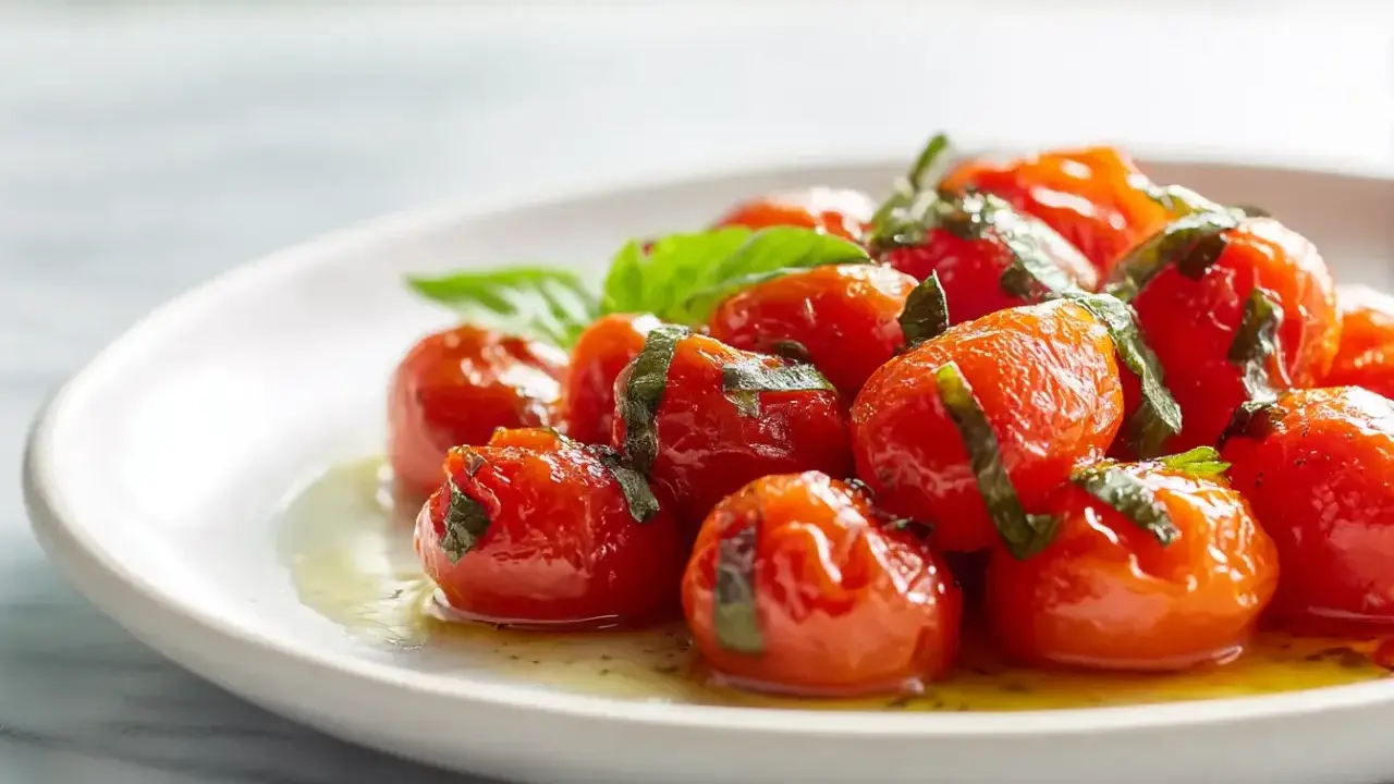 Tomates cerises confites, une recette simple et savoureuse, garnies de basilic frais sur une assiette blanche.