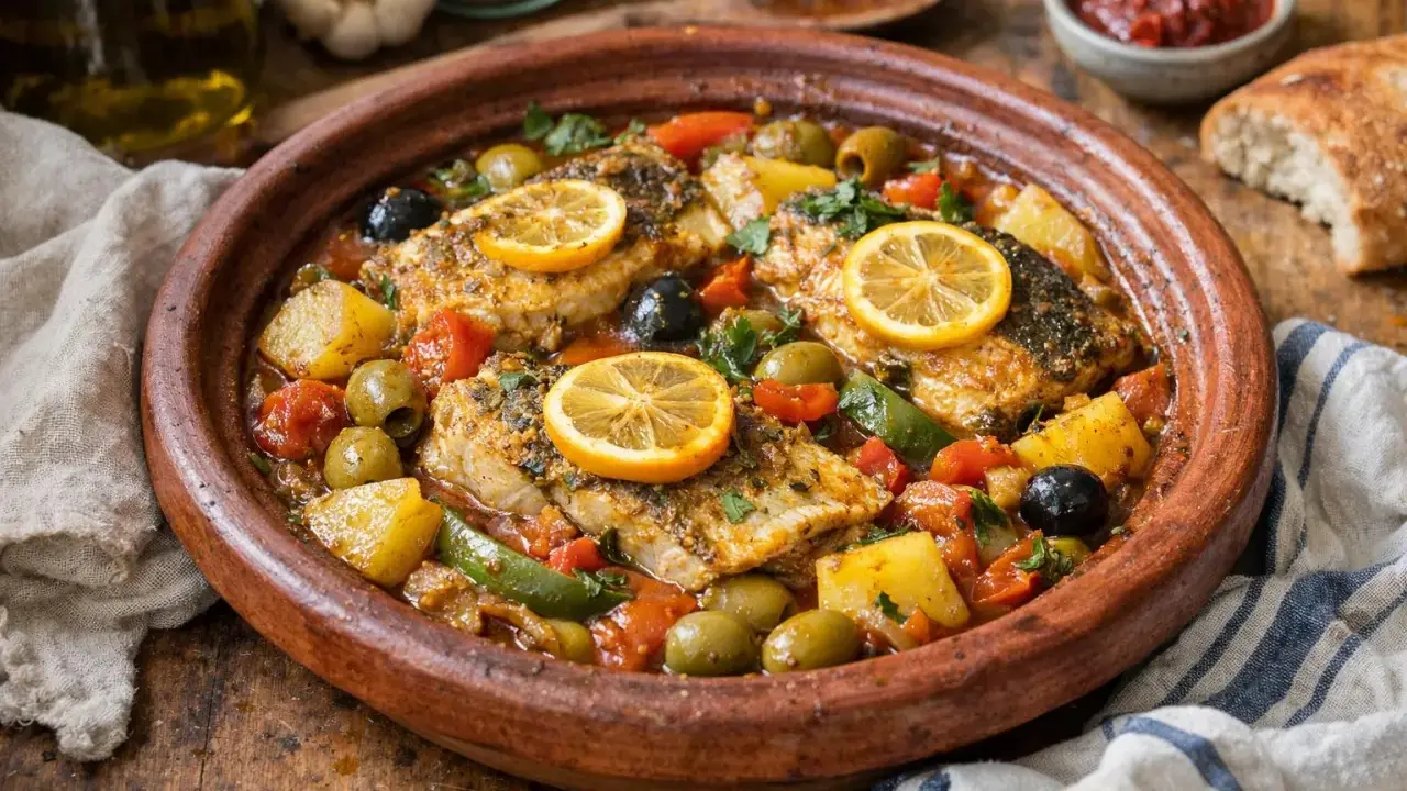 Un savoureux tajine de poisson aux olives, tomates, pommes de terre et rondelles de citron, garni de persil frais.