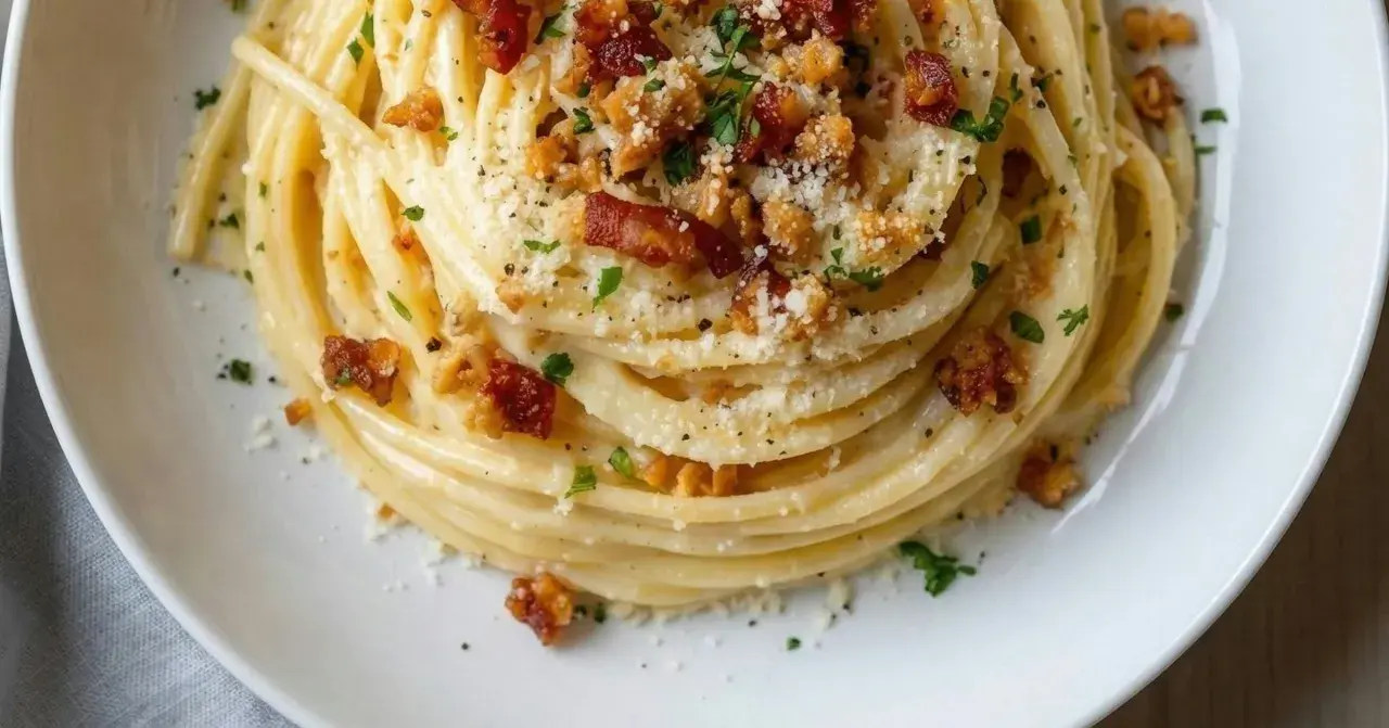 Un plat de pâtes carbonara végétariennes, garni de chapelure croustillante et de persil frais.
