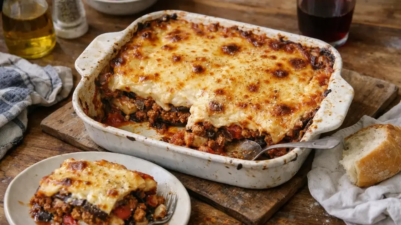 Un plat de moussaka gratinée, prêt à être dégusté. Une portion est servie sur une assiette, accompagnée de pain et d'une salade.