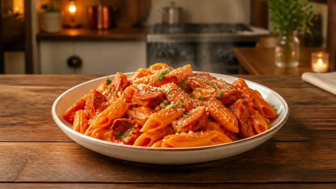 Un plat fumant de pâtes penne avec une sauce crémeuse et des rondelles de chorizo épicé, saupoudré de persil frais et de parmesan. Un délice de pâtes au chorizo.