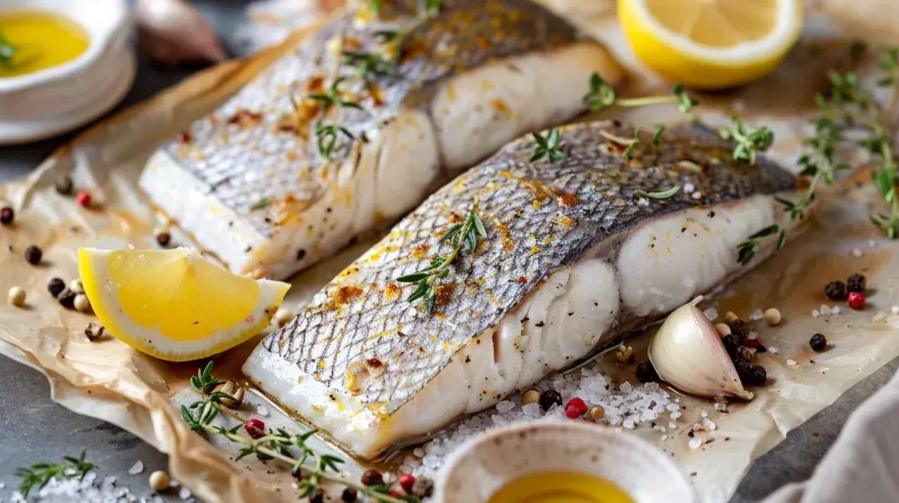 Deux filets de loup de mer cuits, parsemés d'herbes et de poivre, avec des quartiers de citron, de l'ail et de l'huile d'olive.
