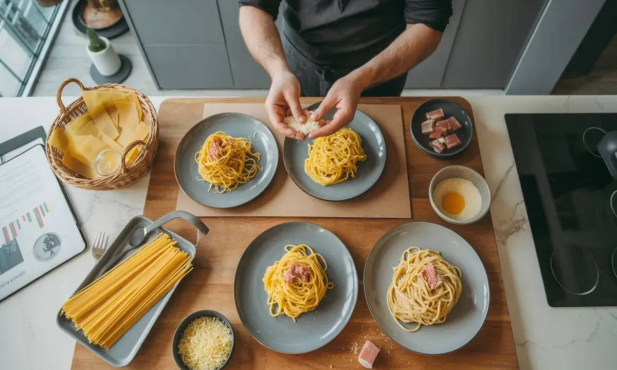 Préparation de la carbonara : des spaghetti sont dressés sur des assiettes, avec du guanciale, des œufs et du parmesan. Quelles pâtes pour carbonara ? Les spaghetti sont parfaits !