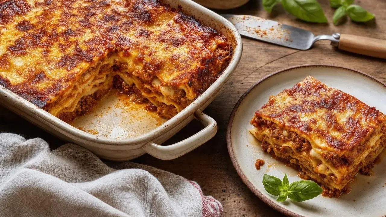 Une part de lasagne maison, dorée et appétissante, prête à être dégustée. La recette parfaite pour un repas réconfortant.