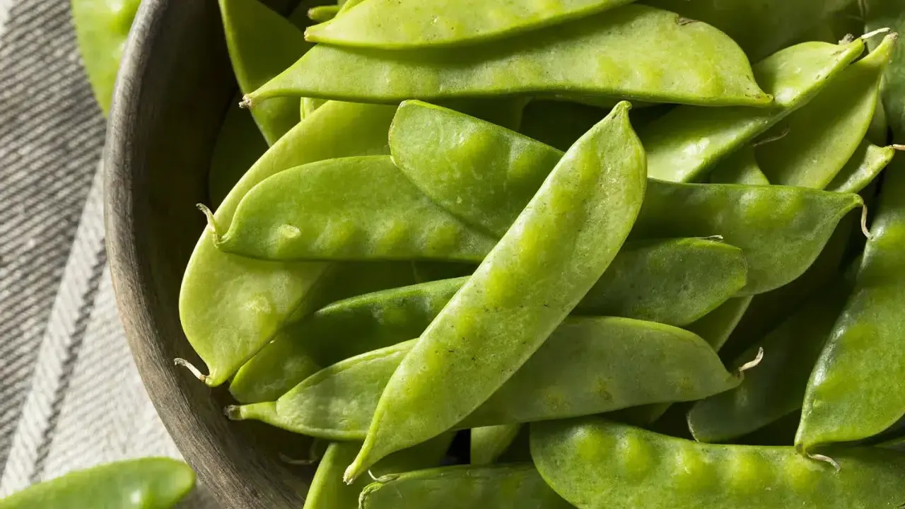 Un bol en bois rempli de pois gourmands frais, prêts pour la cuisson.
