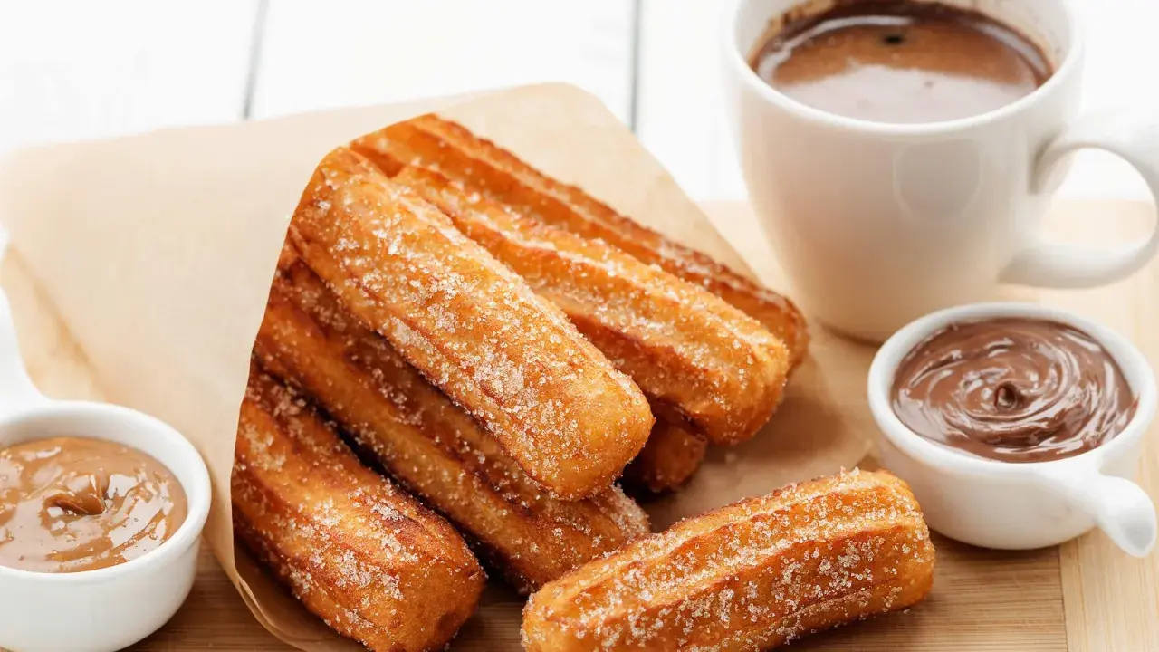 Churros dorés et croustillants, saupoudrés de sucre, prêts à être trempés dans le chocolat. Une recette gourmande pour un goûter parfait.