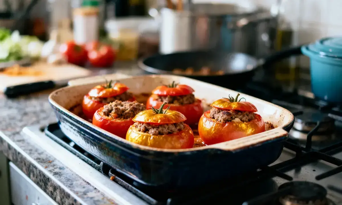 Cinq tomates farcies à la viande, prêtes pour le temps de cuisson. Elles reposent dans un plat allant au four sur une cuisinière.