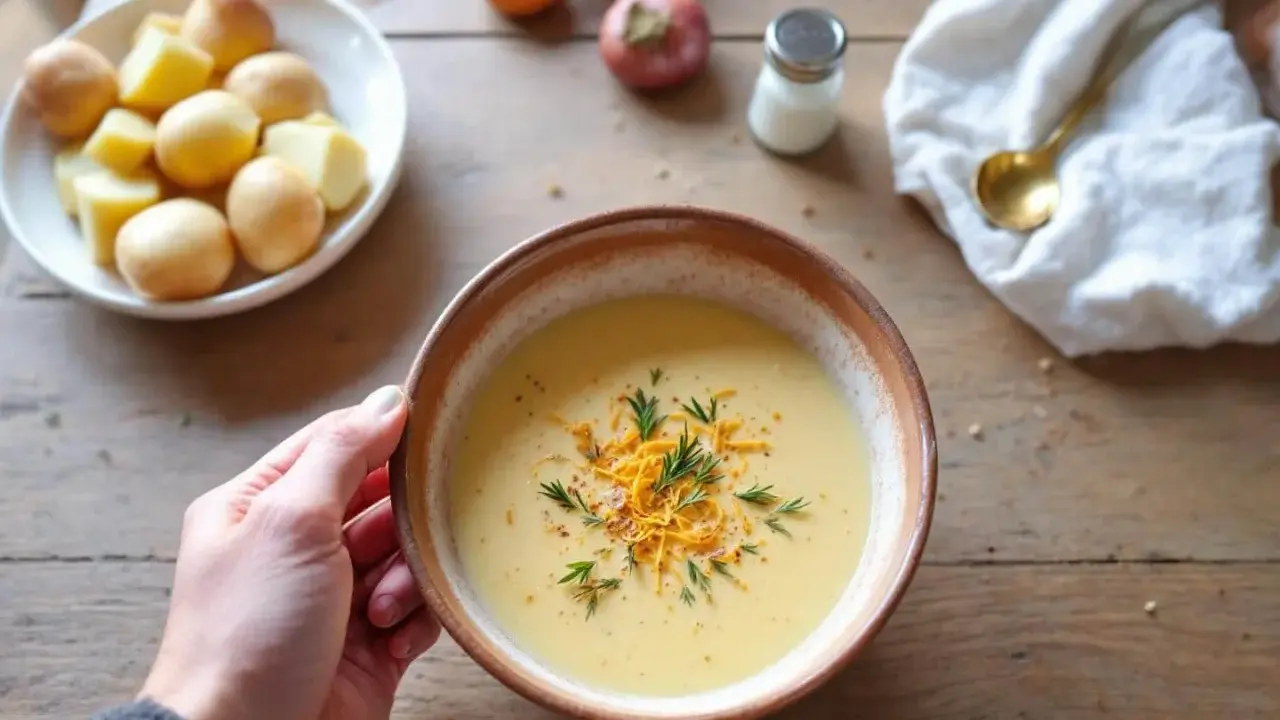 Bol de soupe crémeuse, garnie de fromage râpé et d'herbes. Une main tient le bol, à côté de pommes de terre et d'oignons. Le liquide de cuisson des pois chiches a servi de base.