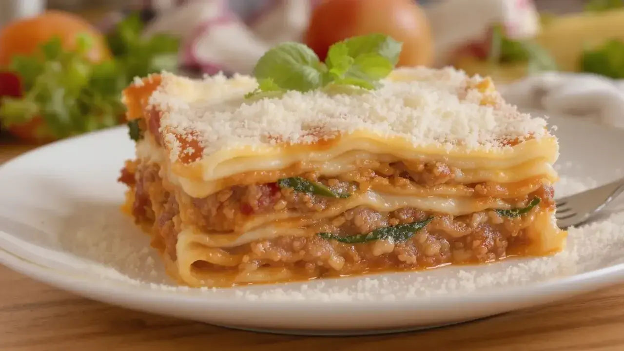 Une part généreuse de lasagne sans béchamel, avec sa garniture savoureuse et sa touche de crème fraîche, est saupoudrée de parmesan et décorée de basilic frais.