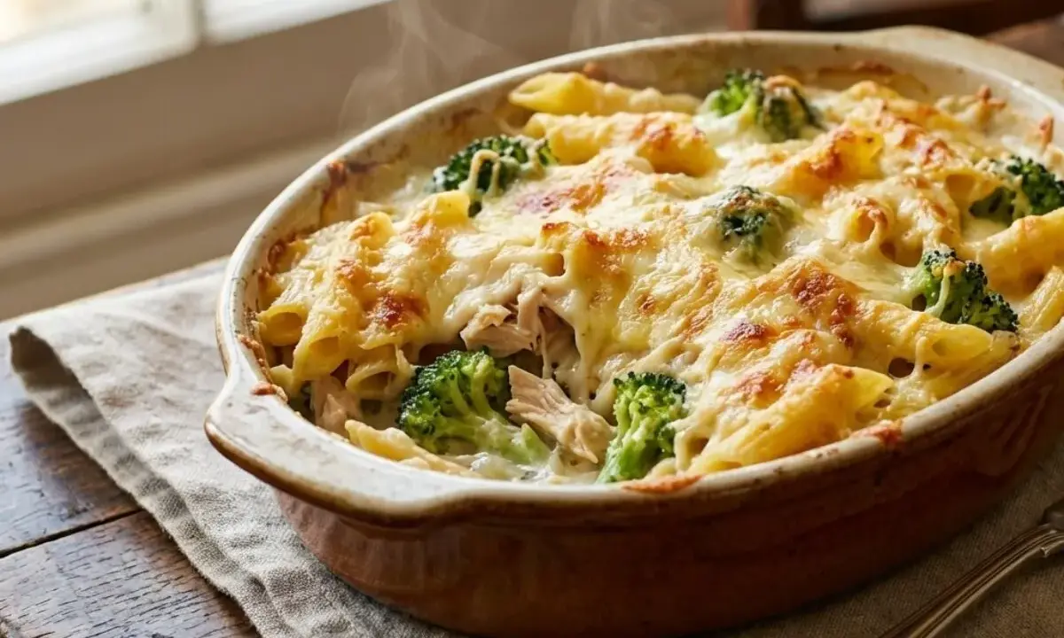 Un plat de cuisson gratin de pâtes fumant, garni de brocolis et de fromage doré, prêt à être dégusté.