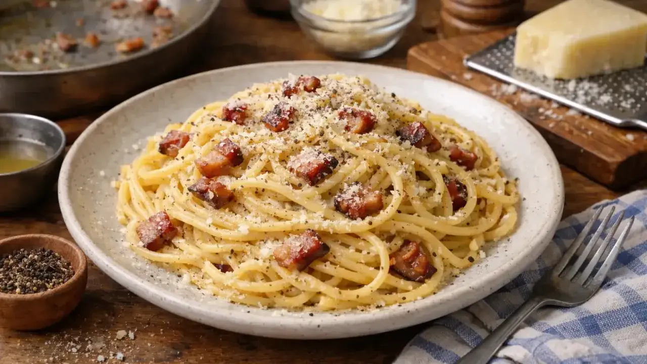 Un plat de spaghetti carbonara, garni de lardons croustillants et de parmesan râpé. Une recette italienne authentique.