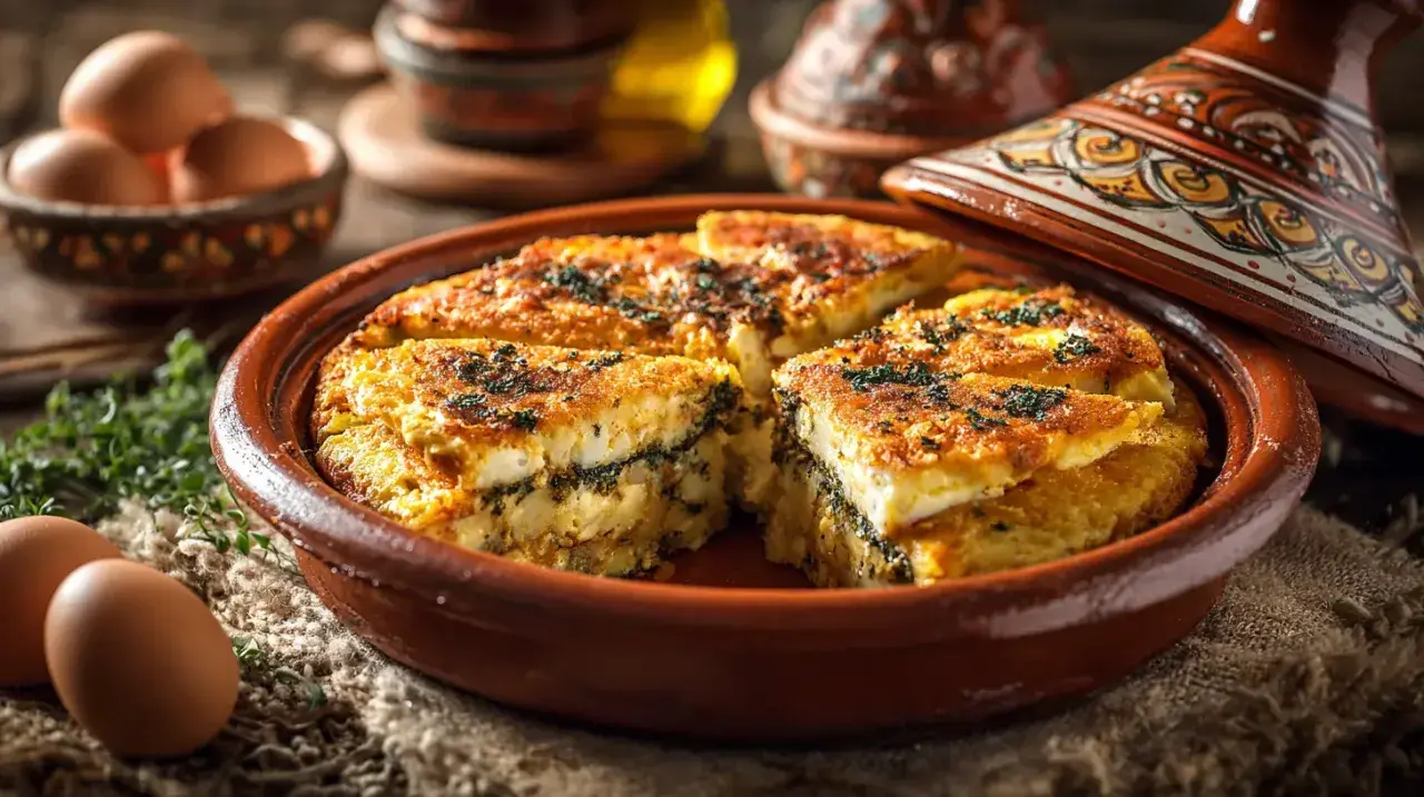 Un délicieux tajine tunisien aux couches savoureuses, servi dans un plat en terre cuite orné. Des œufs frais et des herbes complètent cette scène culinaire.