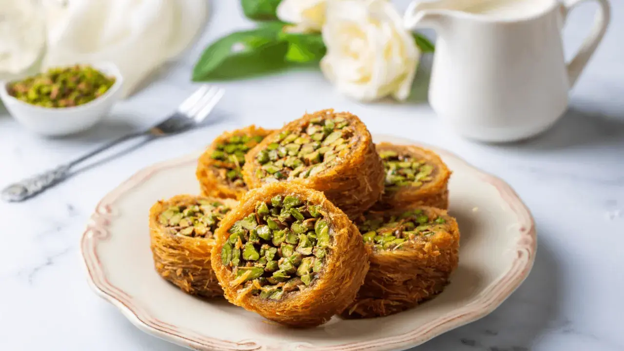 Des rouleaux dorés de kadaif, c'est quoi ? Une pâtisserie croustillante aux pistaches, servie sur une assiette avec des roses en arrière-plan.