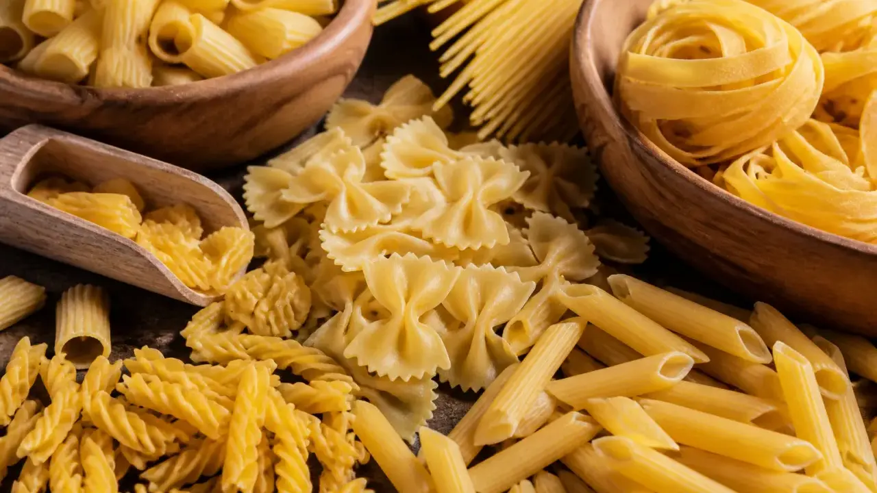 Assortiment de pâtes italiennes : fusilli, farfalle, penne, rigatoni et spaghetti, évoquant la qualité de la farine pour pâtes italiennes.