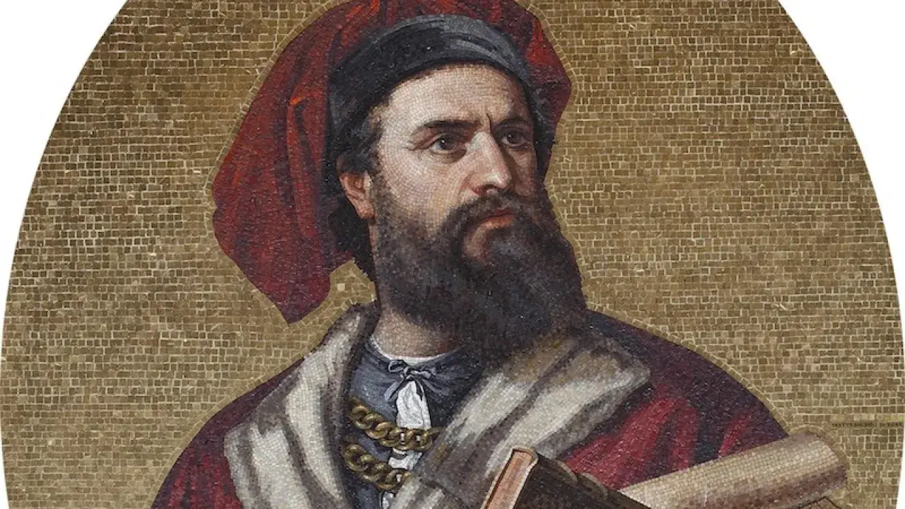 Mosaïque de Marco Polo, explorateur légendaire qui aurait rapporté les pâtes en Italie.